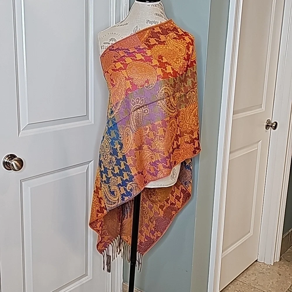 Multicolored Paisley Fringed Scarf Wrap - OS
